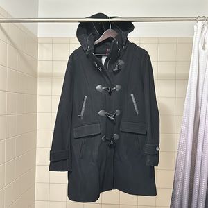 Black medium length Tommy Hilfiger coat with toggles and removable hood